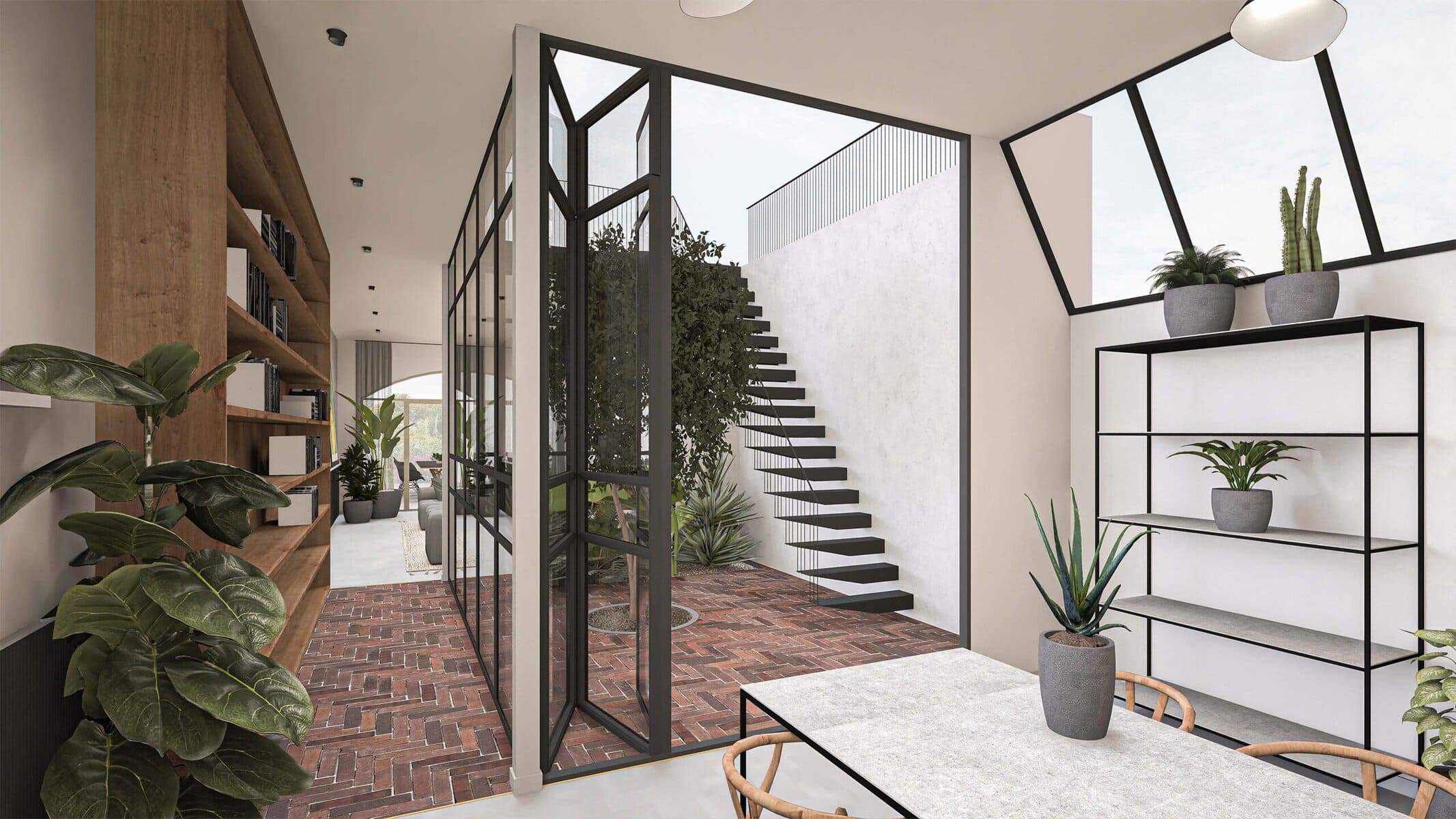 Modern interior with glass walls and floating staircase