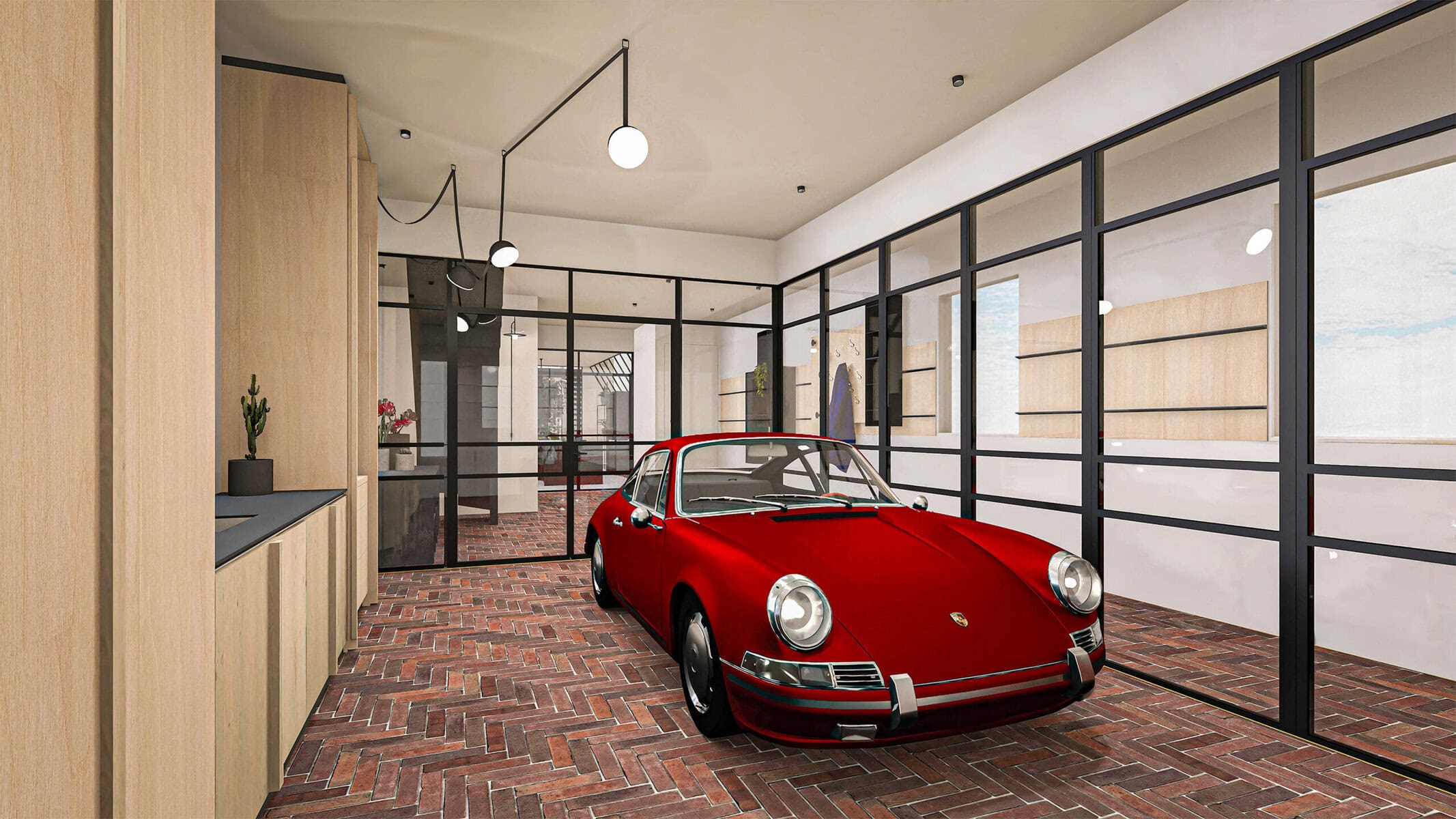Red classic Porsche in modern glass garage