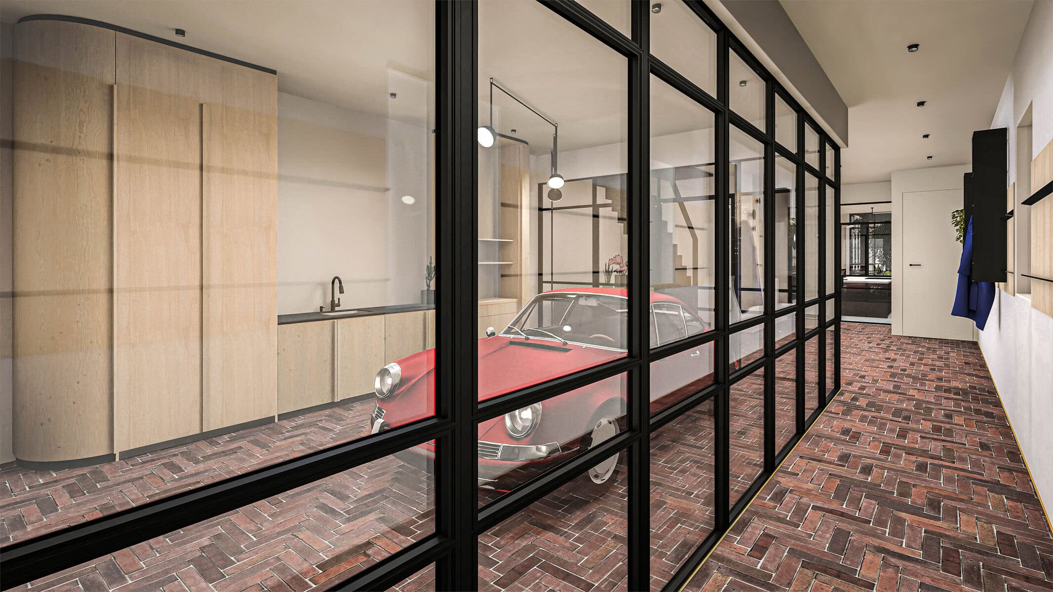 Red vintage car inside modern glass-walled interior garage