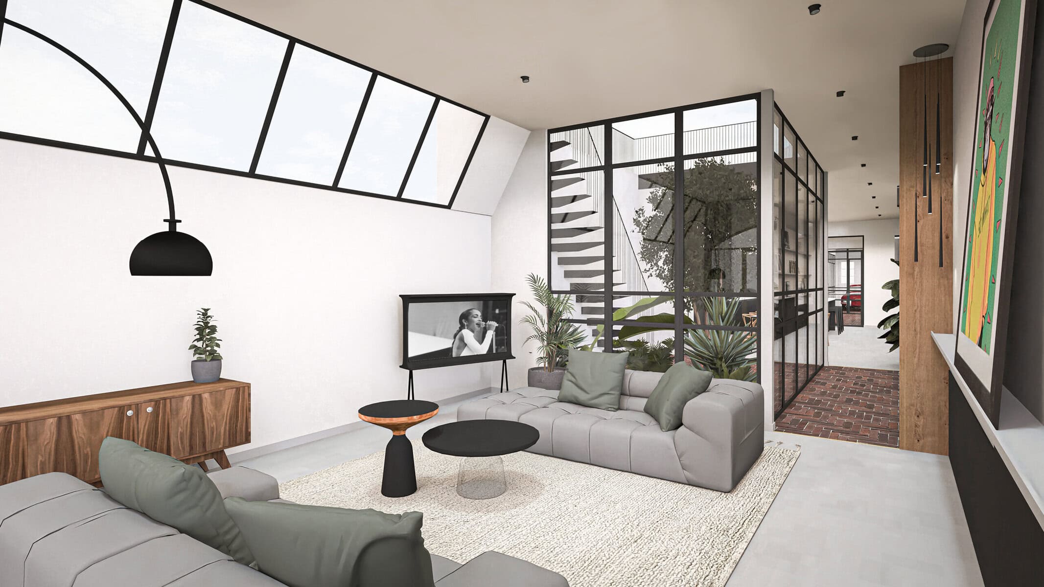 Modern living room with skylight and gray sofas