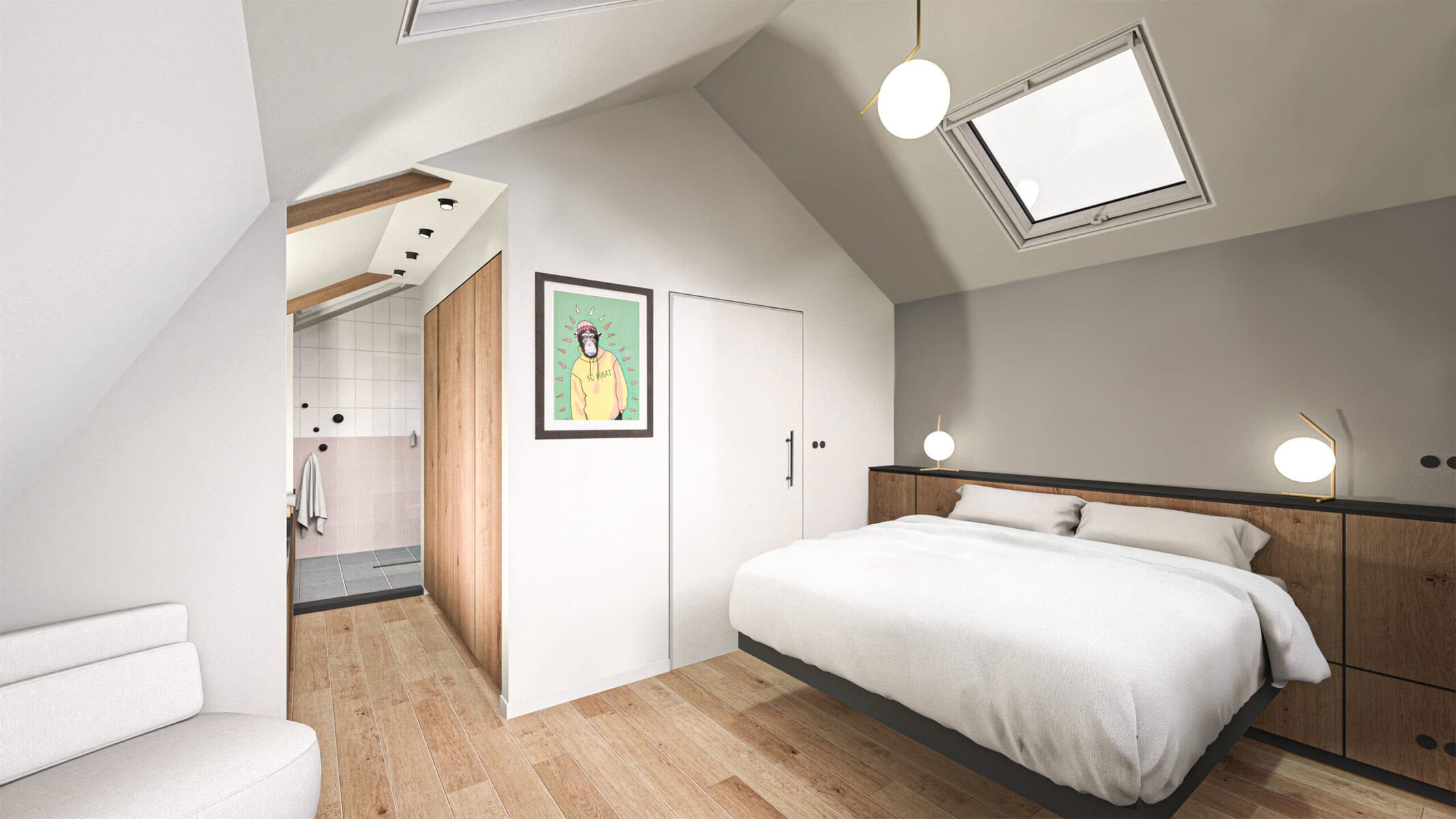Modern minimalist bedroom with skylight and wooden accents