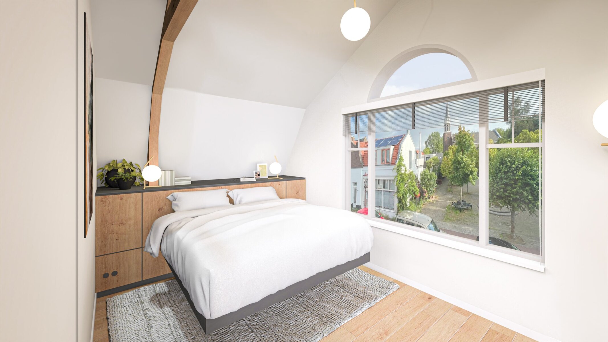 Modern bedroom with large arched window view