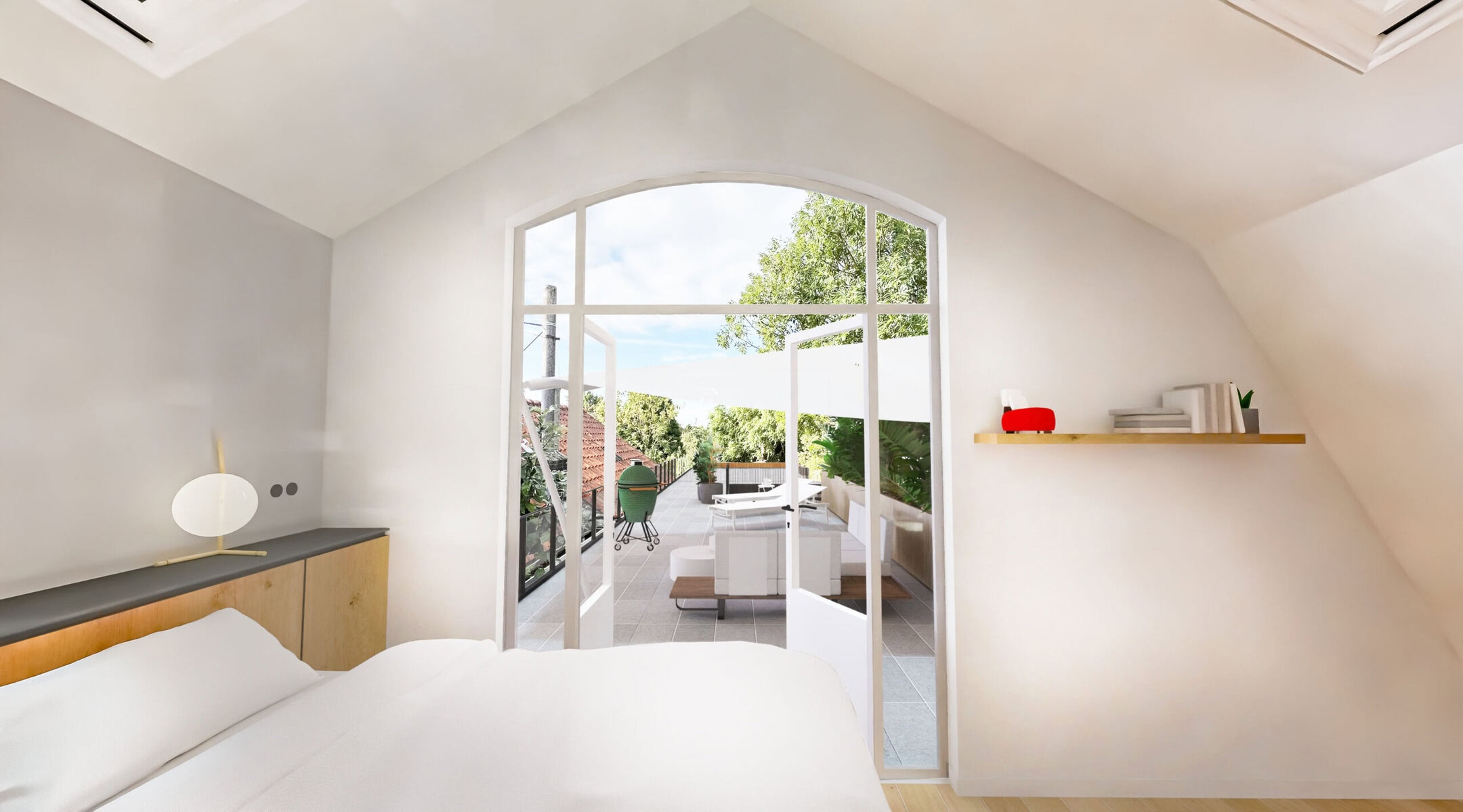 Bright bedroom with balcony overlooking greenery in Amsterdam.