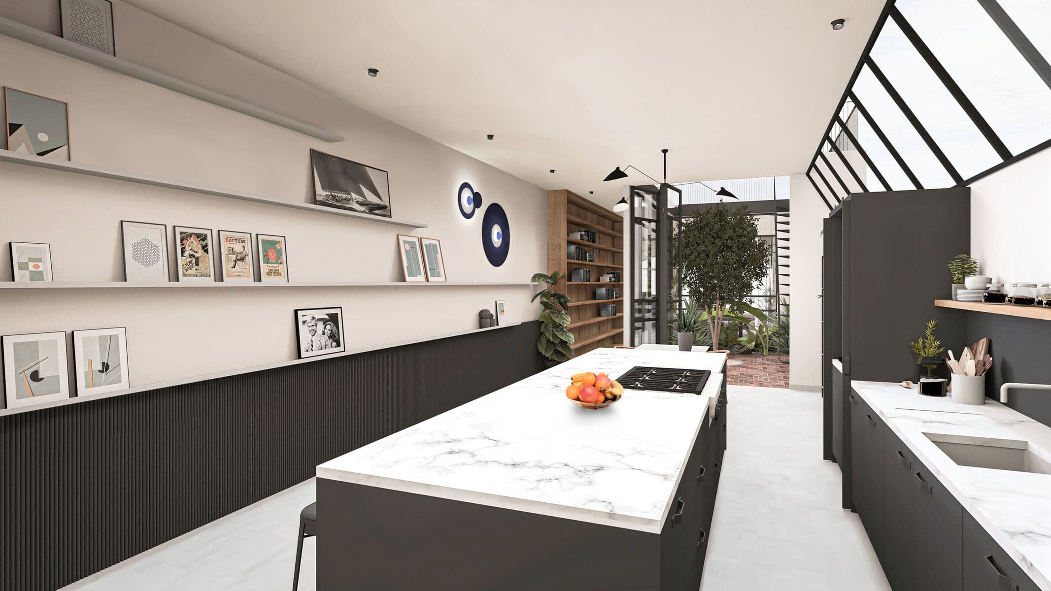 Modern kitchen with marble island and large windows in Amsterdam home.