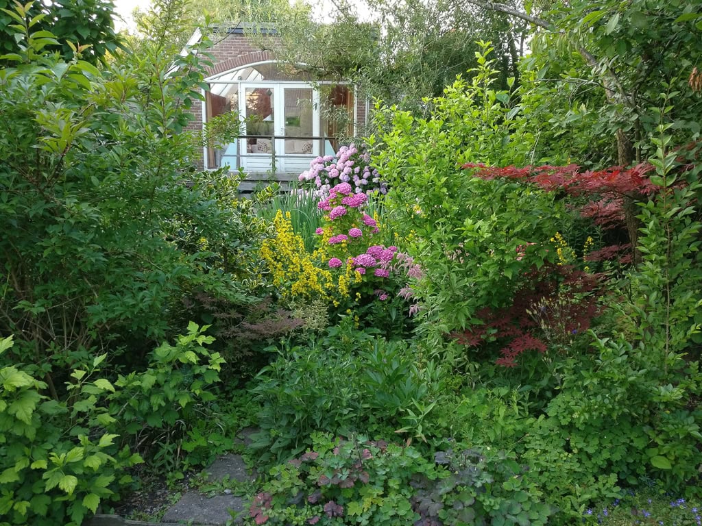 Lush garden with colorful flowers and glass sunroom